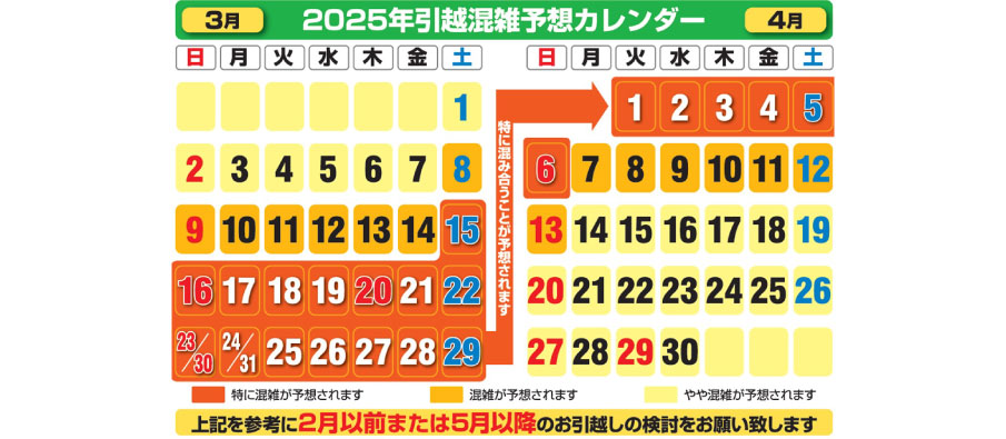 2025年度 引越混雑予想カレンダー